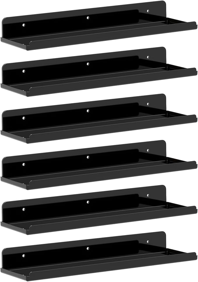 Lifewit Floating Shelves for Wall, Acrylic Display Shelf Wall Mounted for Figure, Car, Art, Book, 14" Perfume Organizer for Bathroom, Bedroom, Living Room, Nursery, Home Decor, Black, 6 Pack