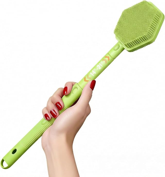 AIMAIAIMAI Silicone Back Scrubber for Shower – 21in Extendable Shower Brush with Long Handle – Dual-Sided Back Brush with Non-Slip Grip, Gentle Cleansing & Exfoliation for Men, Women, Elderly (Green)