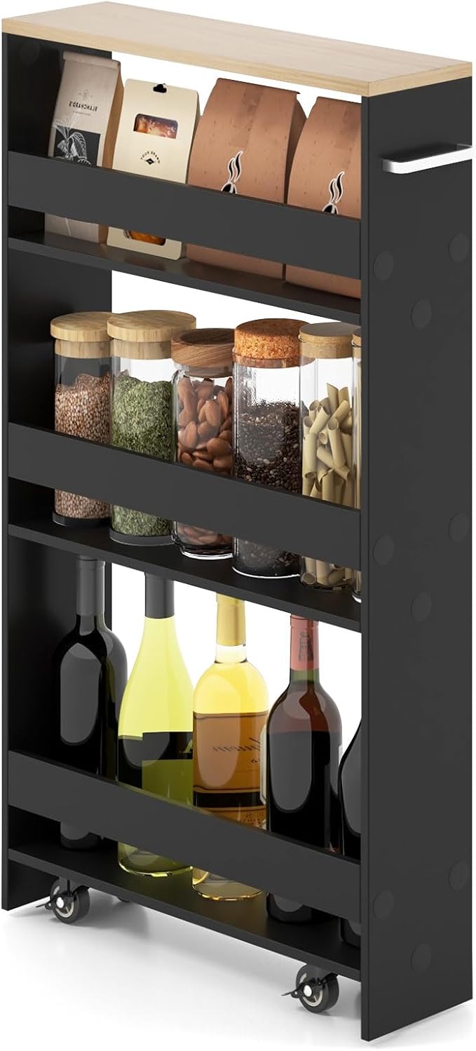 Giantex 4 Tier Rolling Slim Storage Cart, 5" Narrow Slide Out Kitchen Cart w/Handle & Open Shelves, Space-Saving Compact Mobile Utility Trolley for Small Space Laundry Room (Black & Natural)