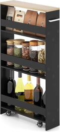 Giantex 4 Tier Rolling Slim Storage Cart, 5" Narrow Slide Out Kitchen Cart w/Handle & Open Shelves, Space-Saving Compact Mobile Utility Trolley for Small Space Laundry Room (Black & Natural)