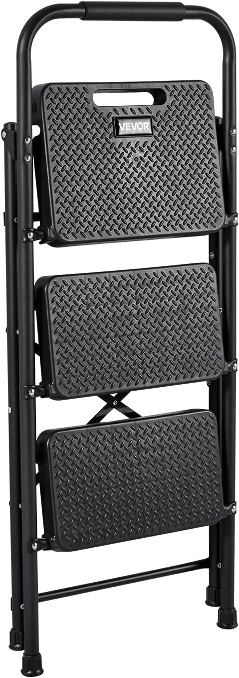 VEVOR 3 Step Ladder, Folding Step Stool with Wide Anti-Slip Pedal and Comfort Handgrip, Lightweight 600 lbs Capacity Portable Steel Ladder, Multi-Use for Kitchen, Home, Household and Office, Black