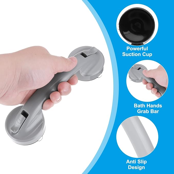 uxcell Grab Bars for Bathtubs and Showers, 8.3" Mirror Glass Door and Window Handles Powerful Shower Suction Cup Anti-Slip Safety Bars for Senior Shower Chairs Grey