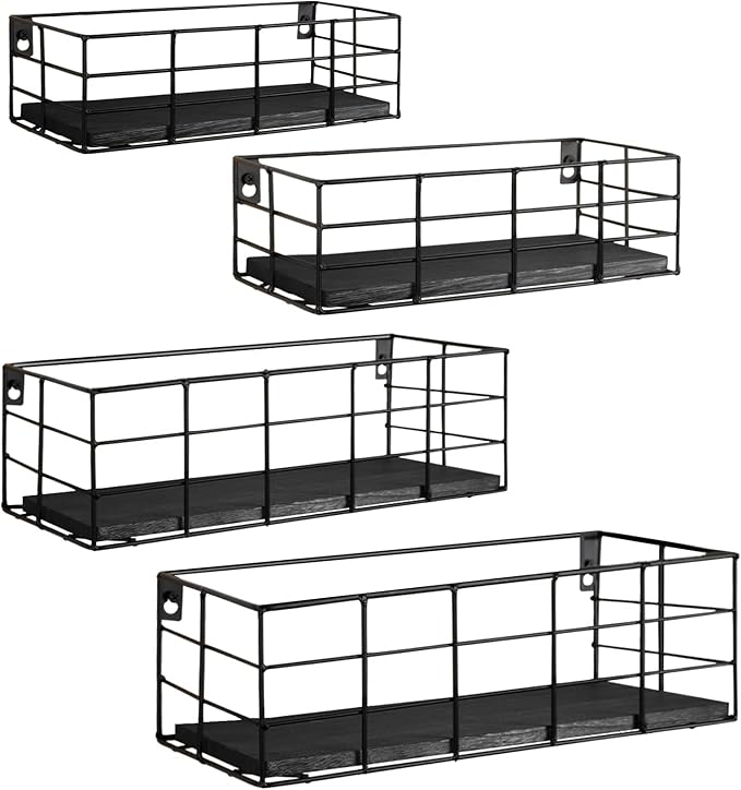 Fixwal 4 Set Floating Shelves - Hanging Wall Mounted Shelves for Living Room, Kitchen, Bedroom & Bathroom - Decorative Storage (Black)