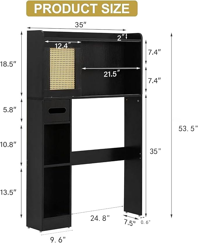 SUNTAGE 6Tier Over The Toilet Storage Cabinet, Freestanding Above Toilet Space Saver Rack w/Adjustable Shelves, Sliding Door, Multifunctional Over Toilet Organizer for Bathroom (Black)