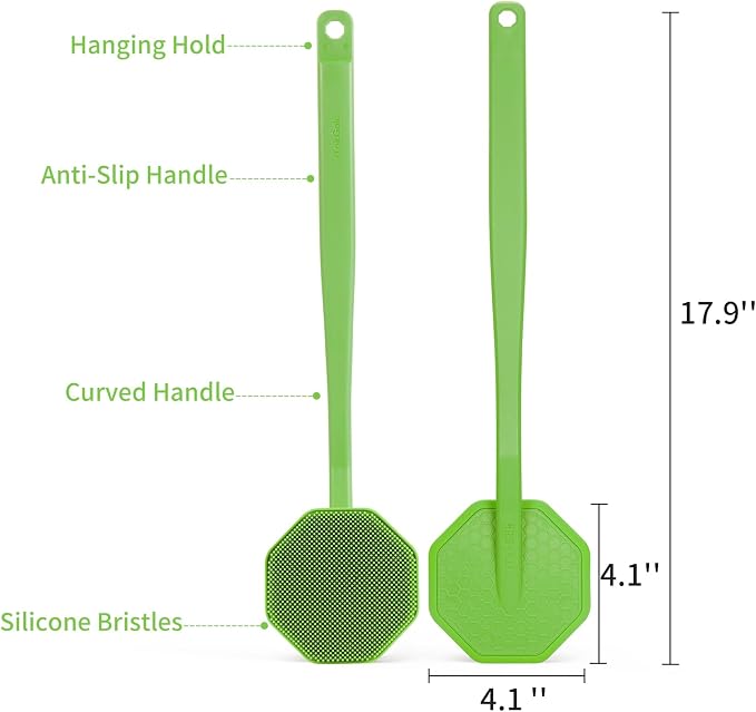 iTokGoK® Silver-Infused Silicone Back Scrubber with Long Handle Back Brush for Shower,Back Brush Long Handle for Men and Women,Ergonomic No-Slip Handle, Long-Lasting (Green)