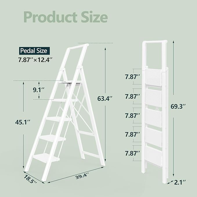 WOA WOA 5 Step Ladder for 10 Feet High Ceiling, Lightweight Foldable Ladder with Non-Slip Wide Pedals, Step Stool with Safe Handrail, Space Saving for Home, Kitchen, Indoor & Outdoor 300lbs - White