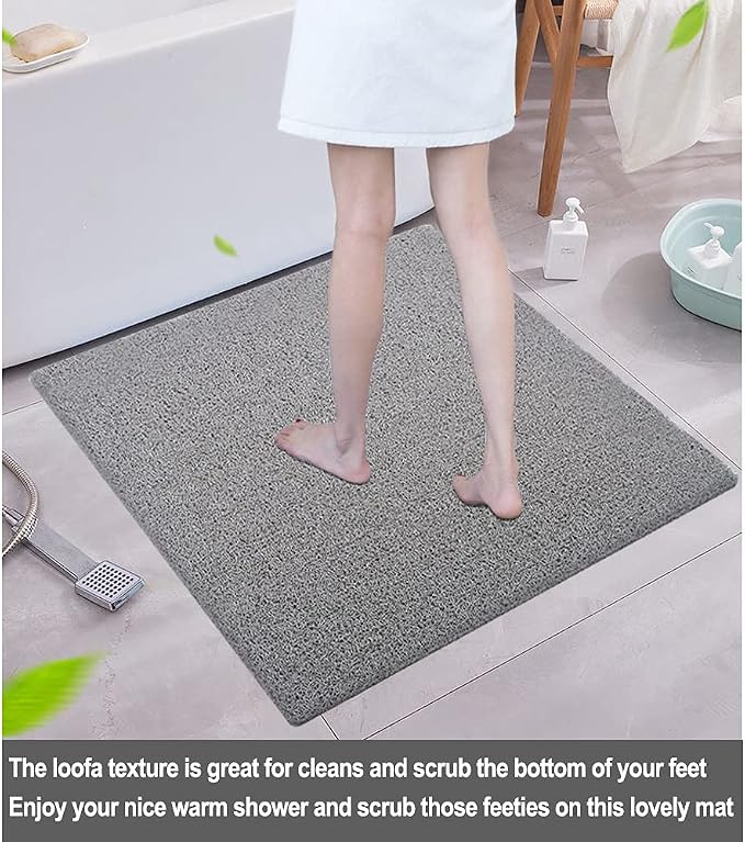 Shower Mat Non Slip Without Suction Cups 24x24 inch, PVC Loofah Bath Mat for Textured Tub Surface,Shower,Bathroom, Quick Drying (Grey)