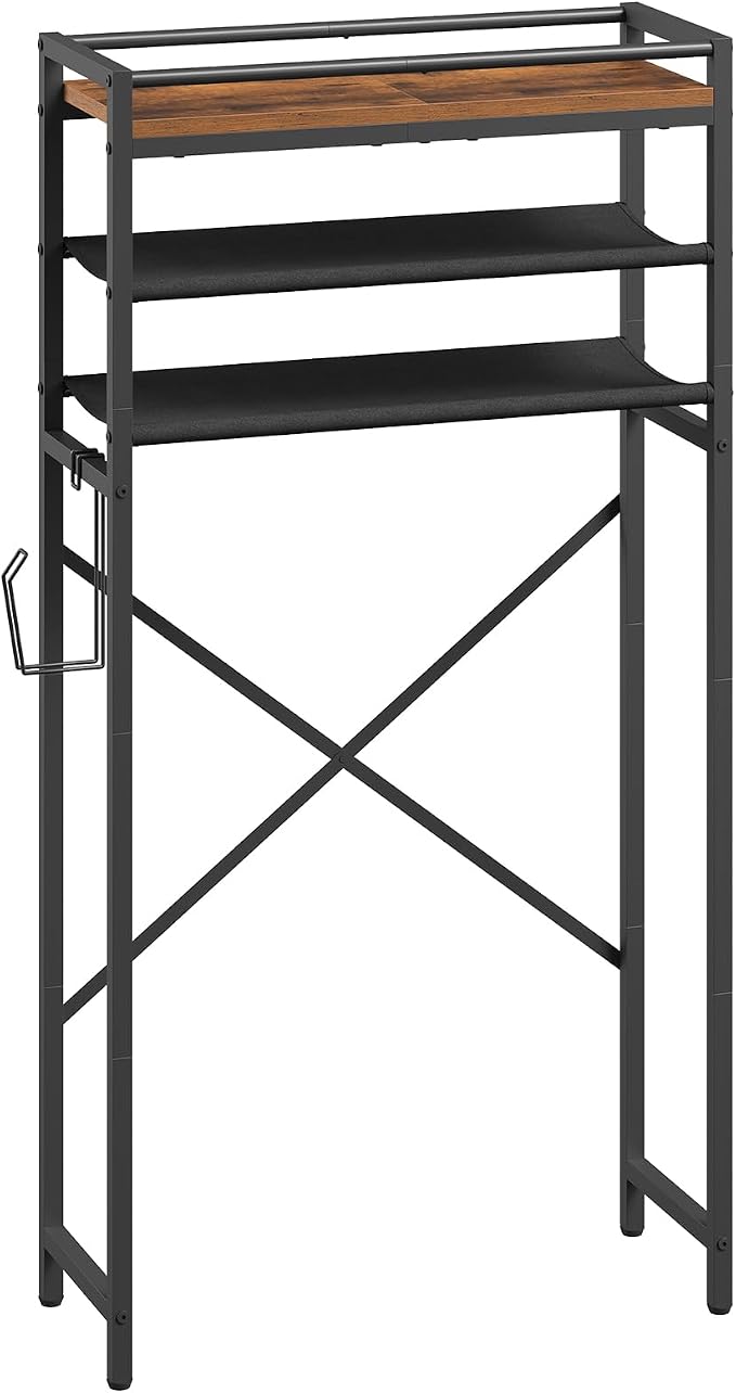 MAHANCRIS Over Toilet Storage, 3-Tier Bathroom Organizer Shelf with Toilet Paper Holder, Freestanding Space Saver Bathroom Shelves Above Toilet for Bathroom, Laundry Room, Rustic Brown TSHR1201