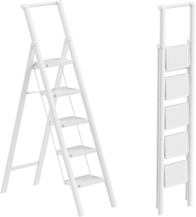 5 Step Ladder for 10 Feet High Ceiling, Folding Step Stool Stepladders with Anti-Slip and Wide Pedal for Home and Kitchen Use Space Saving (White)
