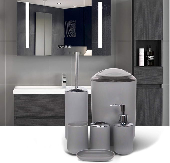 CERBIOR Bathroom Accessories Set 6 Piece Bath Ensemble Includes Soap Dispenser, Toothbrush Holder, Toothbrush Cup, Soap Dish for Decorative Countertop and Housewarming Gift (Light grey-6pcs)