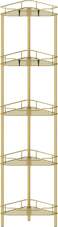 HuggieGems 5 Tier Floor Standing Corner Shower Caddy Organizer Shelf with Hooks, Bathroom Shelves Stand Rack, Gold