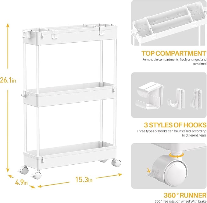 SPACELEAD 2-piece Set Slim Storage Cart 3 Tier,Bathroom Organizer Rolling Utility,Mobile Shelving Unit Slide Out for Office, Kitchen, Laundry Room & Narrow Places