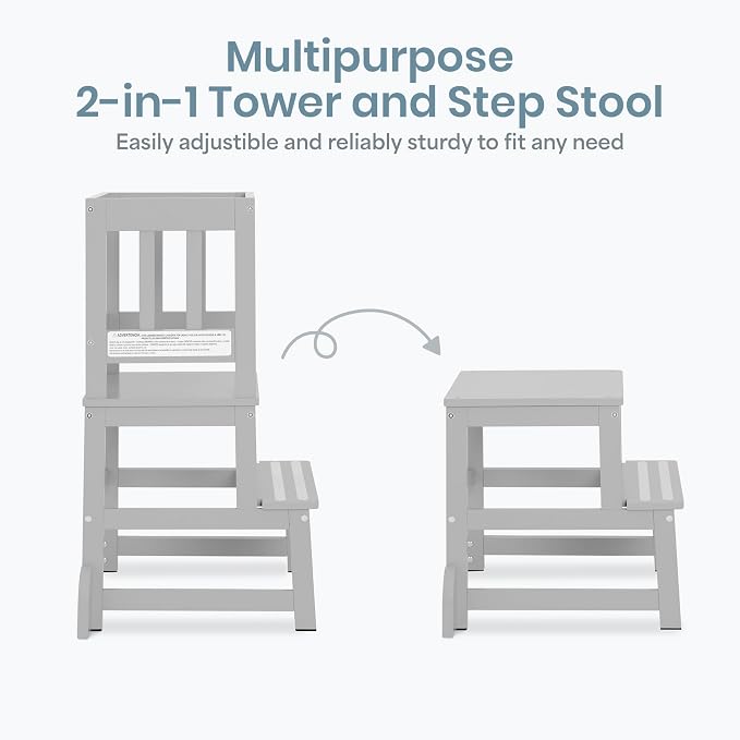 Dream On Me 2-in-1 Funtastic Tower and Step Stool, Toddler Kitchen Helper Tower and Step Stool, Safety Rails, Anti-Skid Pads, Non-Slip Strips & Stabilizer Fins for Safe Counter Activities - Cool Grey