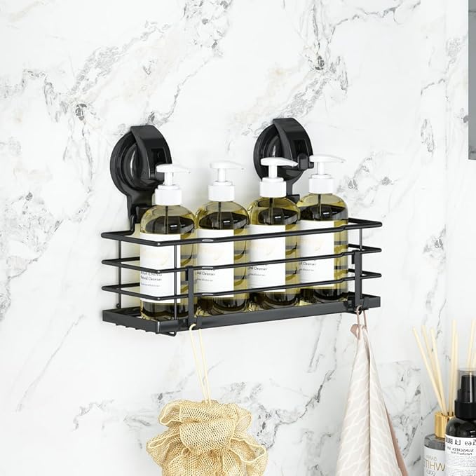 TESOT Suction Cup Shower Caddy, Shower Shelf Soap Dish with Hooks for Razor, Sponge, Rust Proof 304 Stainless Steel, Black
