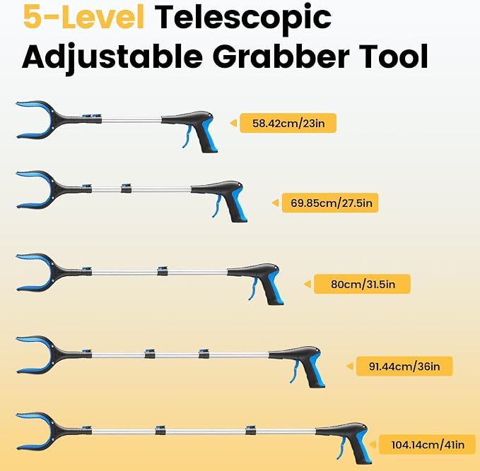 Telescopic Grabber Reacher Tool, 5-Level Adjustable Length (23'' to 41'') - Trash Claw Gripper, Pickup Stick for Litter Picking, Yard Work, and Seniors (Blue)