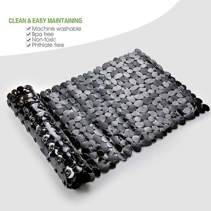 SONGZIMING Bathtub Mat Non Slip 2 Pack, 35 x 16 Inches Pebble Shower Mat with Suction Cups and Drain Holes, Bath Mat for Shower,Bathroom tub (Black)