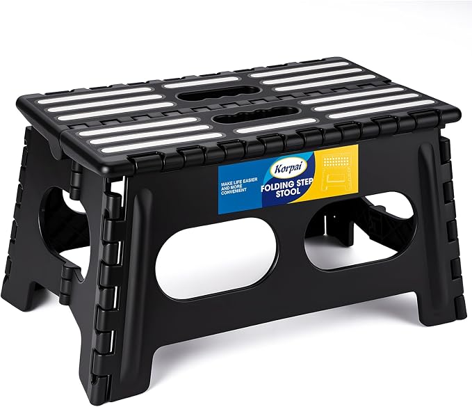 Korpai 9" Folding Step Stool for Adults and Kids 15-Inch Extra Wide Stool Holds Up to 300 lbs,Non-Slip Folding Stools with Handle,Compact Plastic Foldable Step Stool for Bathroom,Kitchen,ect, Black