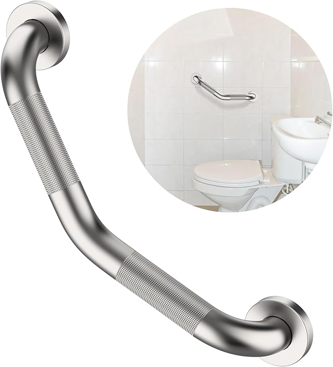 16 Inch Angled Grab Bar, ZUEXT Anti Slip Shower Grab Bar Handles,Satin Brushed Nickel Stainless Steel Knurled Bathroom Balance Bar, Safety Hand Rail Support for Handicap Elderly Injury Senior
