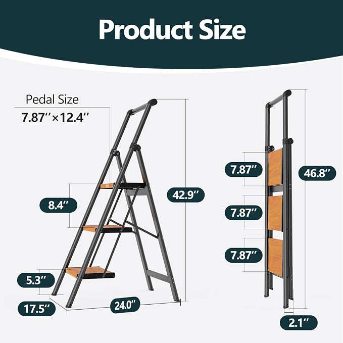 WOA WOA 3 Step Ladder, Ladders for Home, Anti-Slip Pedals, Aluminum Step Stool Foldable, Lightweight to Move, Ease of Storage, Reach 8ft for Closet Kitchen Library, Hold 300lbs - Black&Wood Grain