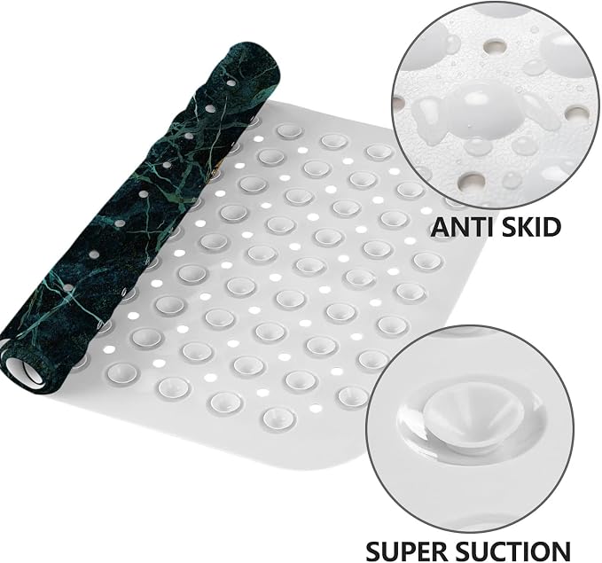 LNOND Marble Bath Tub Mat Non Slip, Extra Long 40 X 16 Inch Anti Slip Mat for Bathtub, Green and Gold Marble Shower Mat with Drain Holes and Suction Cups, Machine Washable