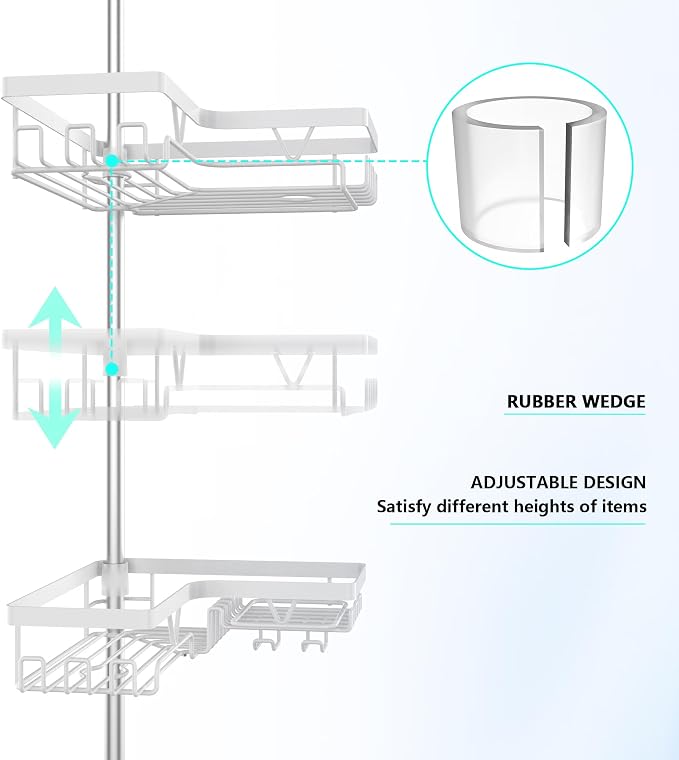 DAOYA Shower Caddy Tension Pole Corner - Stainless Steel Bathroom Organizer White Tension Rod Shower Shelves for Tub(22-114.2inch), Renter Friendly