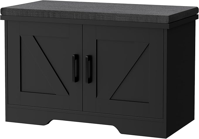 HOMSHO 2-Tier Storage Bench, 27.6" Wide Shoe Bench with Padded Seat Cushion, Entryway Bench with 2 Barn Doors and Adjustable Shelf, Black