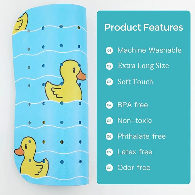 Bath Mat for Tub Non Slip Baby Kids Bathtub Mat Extra Long 40X16 Inch Blue Toddler Shower Mat Anti Slip Tub Mat with Suction Cups & Drain Holes, Machine Washable,Duck