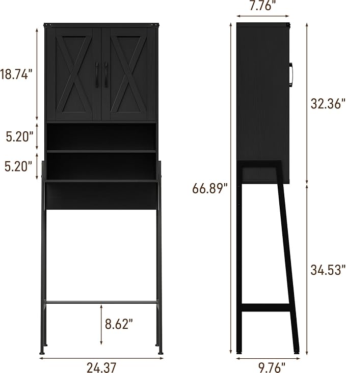 Vabches Over The Toilet Storage Cabinet, Farmhouse Over Toilet Storage Cabinet, Metal Frame with 2 Barn Doors, Home Space-Saving Toilet Rack for Bathroom, Toilet, Laundry Room,Black