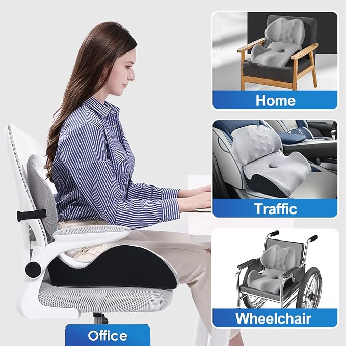 X Large Memory Foam Seat Cushion Lumbar Support Pillow for Sciatica & Tailbone Pressure Relief Coccyx Pad for Office Chair, Car,Wheelchair,Home,Office