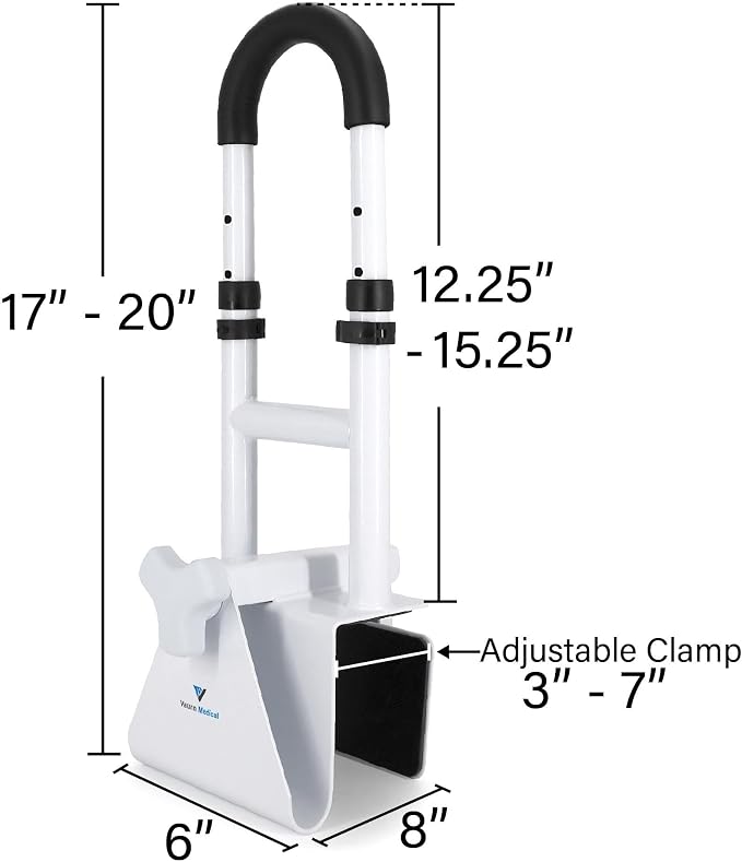 Vaunn Medical Adjustable Height Bathtub Safety Rail, Extra-Height 17"-20" Tall Extension ADA Compliant Shower Grab Bar Handle for Elderly and Disabled, Secure Locking Tub Clamp, 300 lbs
