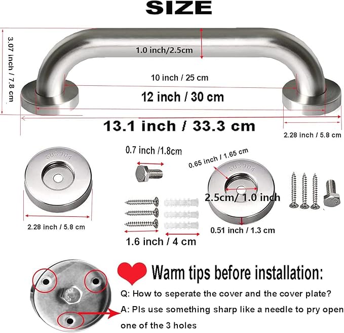 Brushed Nickel Grab Bar 12 Inch, 2 Pack Safety Bathroom Grab Bars, Stainless Steel Shower Grab Bar, Balanced Support Bar, Toilet Assist Handle for Handicap Elderly Senior (1" Diameter)