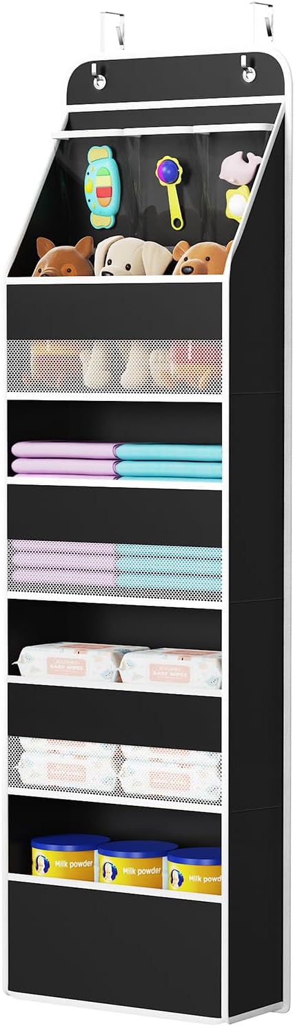 Univivi 5-Shelf Fabric Door Storage Over Door Hanging Organizer with 4 Large Pockets and 3 Small PVC Pockets Nursery Closet Cabinet Wall Mount Hanging Storage Organizers for Baby Nursery (Black)