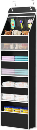 Univivi 5-Shelf Fabric Door Storage Over Door Hanging Organizer with 4 Large Pockets and 3 Small PVC Pockets Nursery Closet Cabinet Wall Mount Hanging Storage Organizers for Baby Nursery (Black)