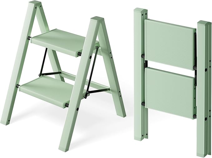 HillhutApex 2 Step Ladder, Lightweight Portable 2 Step Stool with Anti-Slip Wide Pedal, 330lbs Capacity Aluminum Ladder for Household,Office,Library(Pale Green)