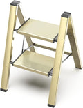 2 Step Ladder, Aluminum Folding Step Stool with Anti-Slip Sturdy and Wide Pedal, Lightweight Portable Multi-Use Stepladder for Home and Kitchen Use Space Saving, Gold, 330 lbs