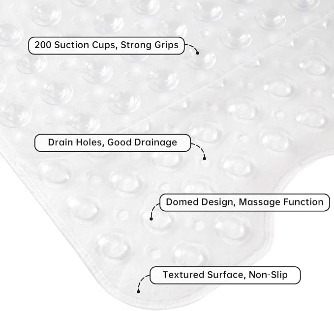 Wirhao Bathtub Mat Non Slip Shower Mat 39×16 Inches Bath Mat for Tub Machine Washable Tub Mat Large for Bathroom with Suction Cups and Drain Holes Clear