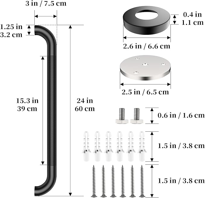 Black Grab Bar 24 Inch, iHansee Anti-Slip Bathroom Grab Bar w/Knurled Grip, Stainless Steel Safety Handrail for Toilet Bathtub Shower, Wall Mounted Matte Black Handicap Bars Handle for Senior Elderly