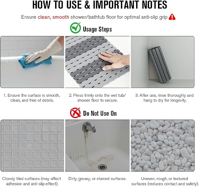 MBOSS Shower Mat Non Slip Bathtub Mats for Bathroom Shower Floor Mat Bath Mats for Shower Tub Anti Slip Shower Mat with Drain Hole and Large Suction Cups (Dark Gray Light Gray, 37.5 X 15.7 Inch)