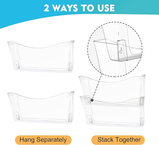 EASEPRES 6 Pack Clear Single Pocket Hanging File Organizer, Plastic Wall Mount Paper Mails Magazines Holder, Mounted Folder Bins for Office School and Home, 13.85x3.14x6.88 inches