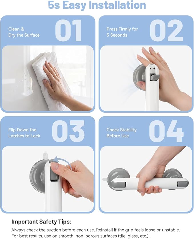 JOTPE Suction Grab Bars for Bathtubs and Showers 2 Pack, Heavy Duty Shower Handle for Seniors, No Drilling Removable Bathroom Safety Bar with Strong Suction for Balance Support, White & Gray