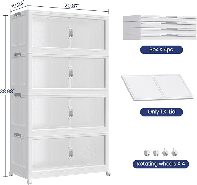 240QT Extra Large Stackable Storage Bins with Lid, 60Gal Plastic Closet Organizers and Storage Drawer, Collapsible Cabinet Box with Wheels Clear Doors for Home Kitchen Office, 4Pack White