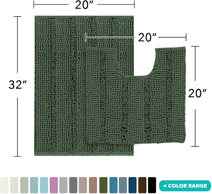 Turquoize Chenille Bathroom Rugs Set Non-Slip Bath Mats for Bathroom Super Absorbent Shaggy Shower Mat for Tub Plush Bath Rug Plus U Toilet Mat (Standard: 20" x 32" and 20" x 20" U), Bronze Green