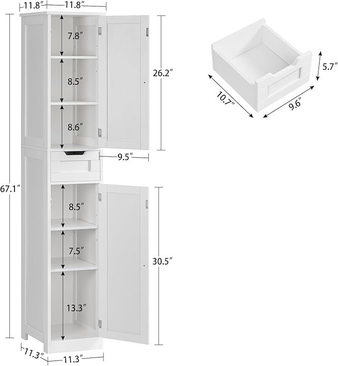 Iwell Tall Bathroom Cabinet, Slim Narrow Bathroom Storage Cabinet with Adjustable Shelves, Storage Cabinets with 1 Drawer, for Bathroom, Living Room, Entryway, Kitchen, White