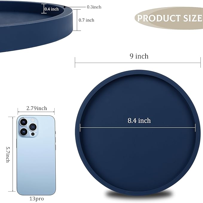 Silicone Bathroom Tray Round Vanity Tray Decorative Soap Holder Kitchen Countertop Organizer Coffee Table Decor for Candle, Perfume, Plant, 9 Inch, Dark Blue