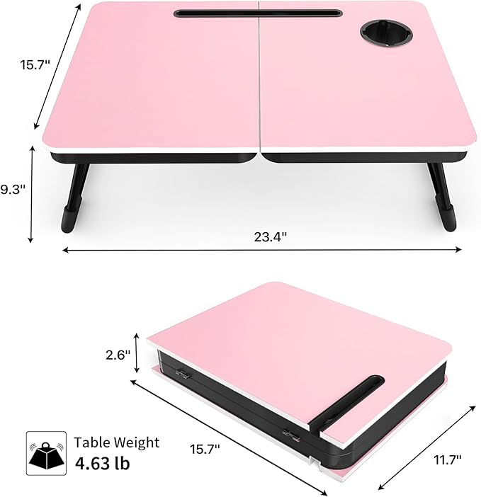 BUYIFY Foldable Laptop Bed Desk for Couch, Sofa - Large Lap Desk Tray Table with Cup Holder and Tablet Slot - Portable Notebook Stand for Eating, Writing, Studying and WFH (Pink)-USA Original Patent