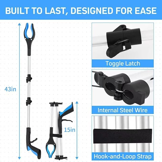 Grabber Reacher Tool for Seniors,43" Foldable Reacher Grabbers Pickup Stick with Anti-Slip 360° Rotating Jaw，with Magnet for Disabled, After Surgery Recovery (Blue, 43inch 2pack)