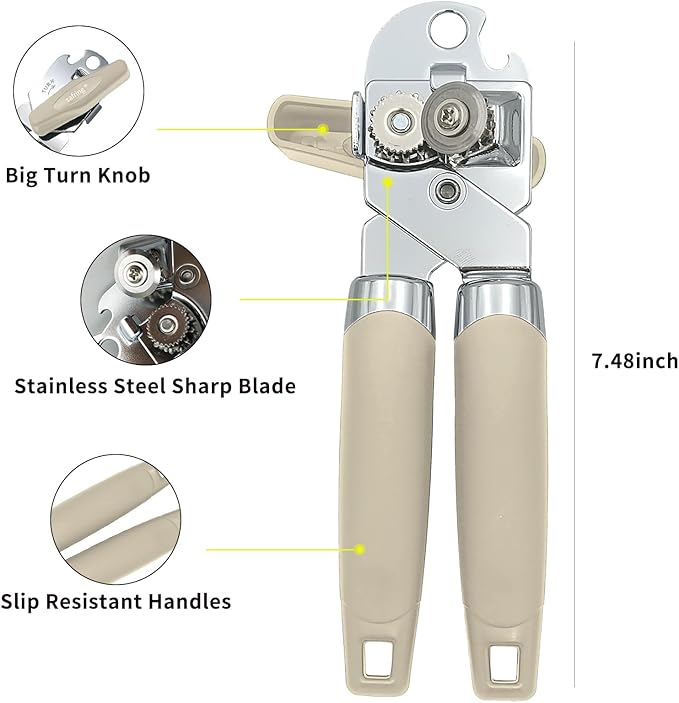 Safring Can Opener Manual, Handheld Strong Heavy Duty Stainless Steel Can Opener, Comfortable Handle, Sharp Blade Smooth Edge, Can Openers with Multifunctional Bottle Opener, Beige