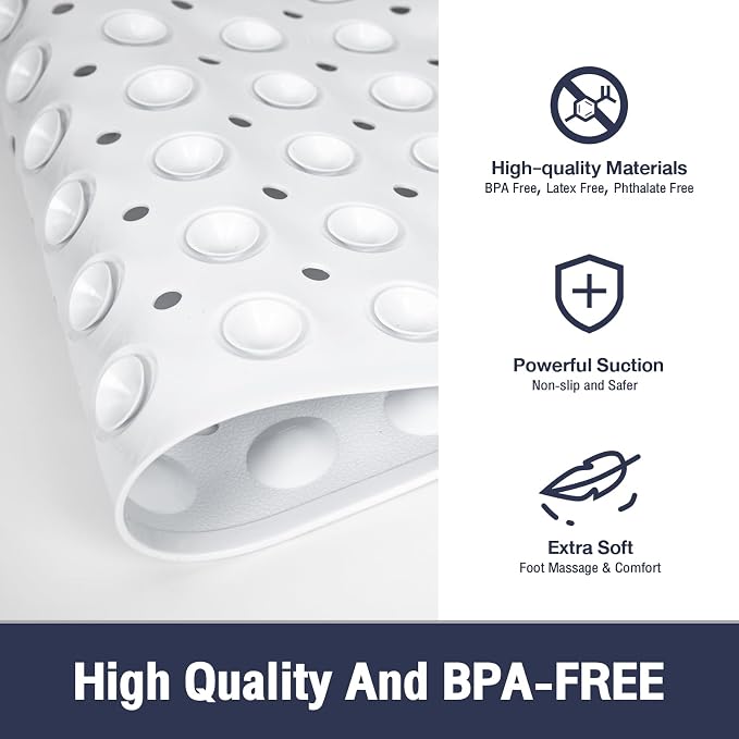 Extra Long White Bathtub Mat Non Slip, Soft Bath Mat for Tub 40 x 16 Inch Full Size, Bath Tub Shower Mats for Bathroom Floor, Big Suction Cups and Drain Holes, Easy Washable, BPA Free