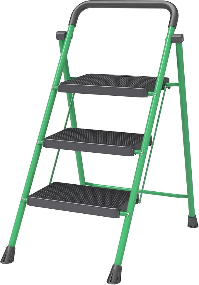 Green 3 Step Stool Foldable – Heavy-Duty Foldable Step Stool for Adults, 500 lbs Capacity, Anti-Slip Feet & Wide Steps, Sturdy Steel Frame, Lightweight & Space-Saving Design for Home, Kitchen & Garage