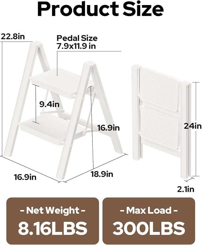2 Step Ladder Portable Folding Step Stool with Anti-Slip Pedal, Lightweight Stepladder Multi-Use for Home and Kitchen, Saving Space, White, 300lbs